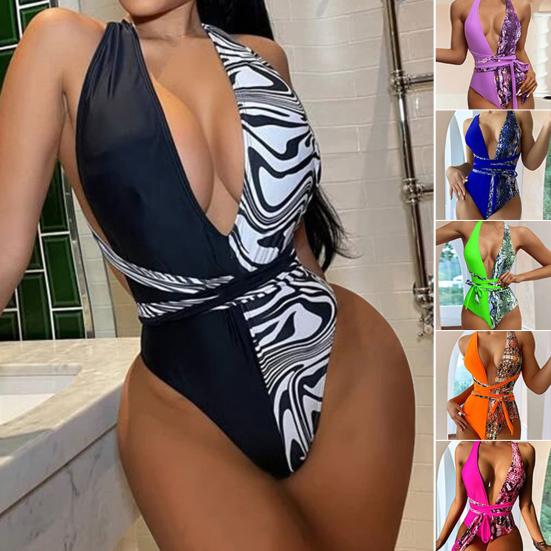 Deep V-neck Long Bandage Padded Sexy Monokini Women Snakeskin Patchwork Print
