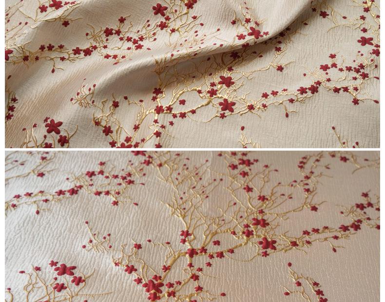 Elegant Women's Dress with Gold Embossed Thread and Red Floral Jacquard Fabric