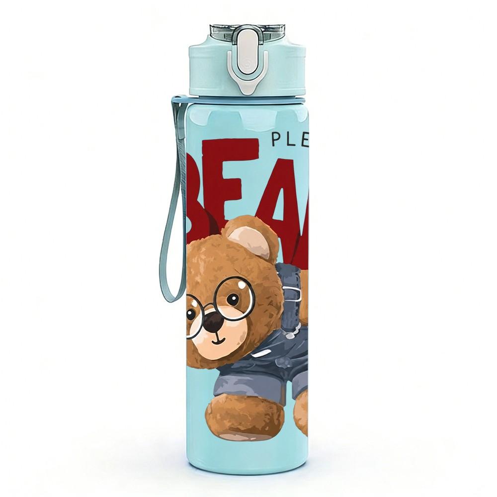1PC Classic Bear Letter Art 750ml Color Plastic Sports Water Bottle Leakproof Flip Straw Lid Suitable for Sports Office Home Use