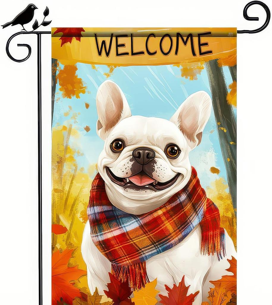 Thanksgiving Fall Garden ag 12x18 Inch Welcome French Bulldog Dog Outdoor ag Double Sided Autumn Yard Banner with Plaid UUN