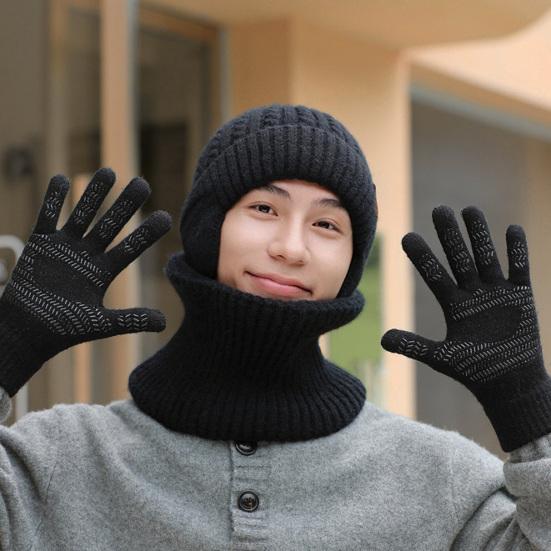 Yousheng 3 шт./компл. для мужчин и женщин зимняя шапка с флисовой подкладкой, шарф, перчатки, комплект защиты ушей, вязаная шапка с черепом, варежки с сенсорным экраном, комплект для утепления шеи