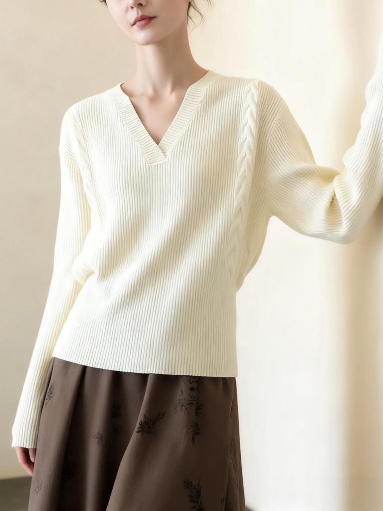 Women's High-End V-Neck Cable Knit Sweater - Autumn Style, Soft & Fluffy, Loose Fit, Gentle, Slimming Top
