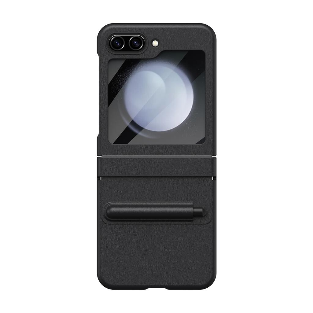 For Samsung Galaxy Z Flip7 FE 5G/Flip6 5G Hinge PU Leather PC Phone Cover with Stylus/Tempered Glass Film
