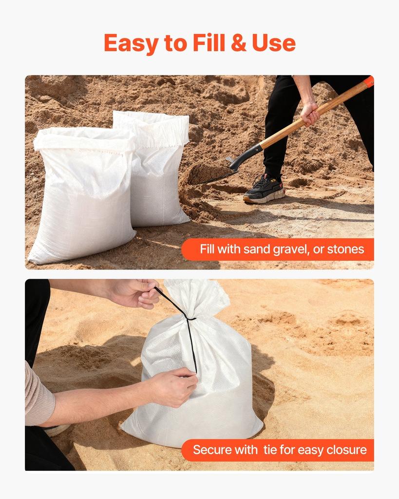 Empty Sandbags, 100 Packs 40 x 66 cm, Heavy Duty Sand Bags Sacks with Ties, 22.6kg Capacity Woven Polypropylene Sandbags, Tear-Resistant &