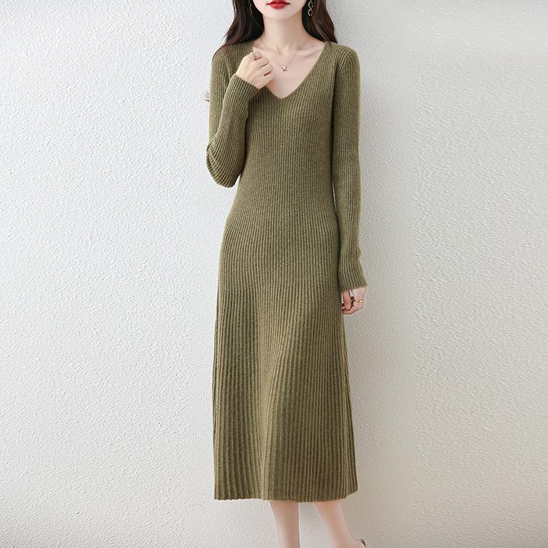 Женское платье-свитер 100% шерсть MODERN NEW SAGA V-образный вырез трикотажный длинный пуловер зимние джемперы шерстяное длинное платье женское