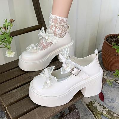 Туфли-лодочки на толстой платформе с кружевным бантом, женские туфли Мэри Джейн на высоком каблуке в стиле колледжа с пряжкой на щиколотке