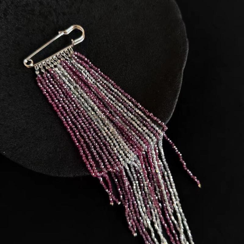 Fringed Beaded Chain Brooch Silver Red Beads Suit Pin Vintage Pendant for Women Elegant Office Party Gift