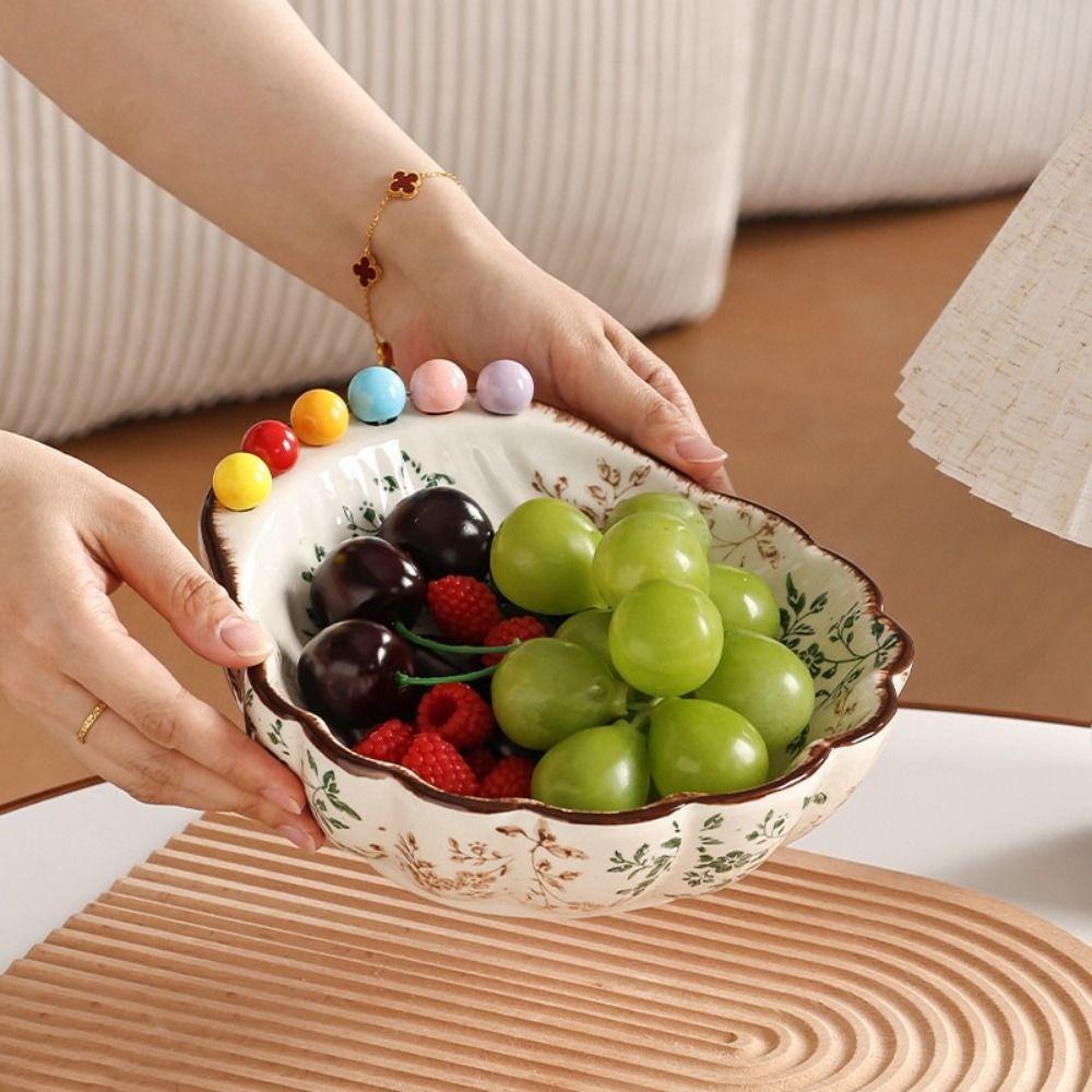 Large Capacity Fruit Bowl with Fork Ceramic Dessert Salad Bowl Luxury Snack Plate Coffee Table