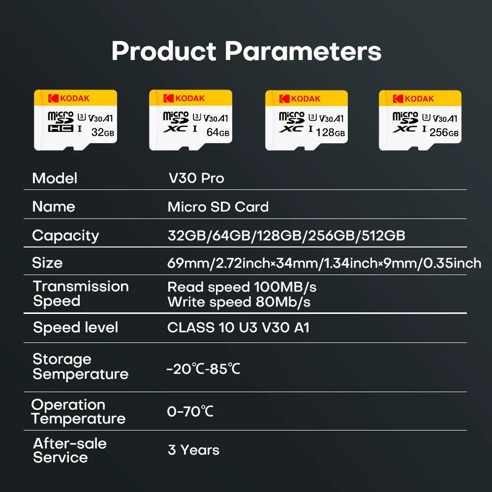 Kodak Мини SD-карта памяти 256 ГБ 128 ГБ 64 ГБ 32 ГБ U3 V30 4K Full HD Micro TF карта памяти Flash для телефона/компьютера/камеры