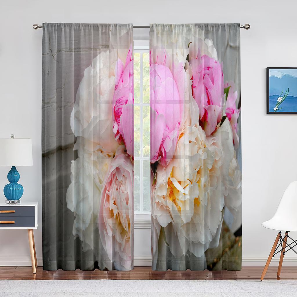 Розовый пион с цветочным принтом, весенние акварельные прозрачные шторы из вуали для гостиной, спальни, кухни, оконные шторы, шифоновые тюлевые шторы