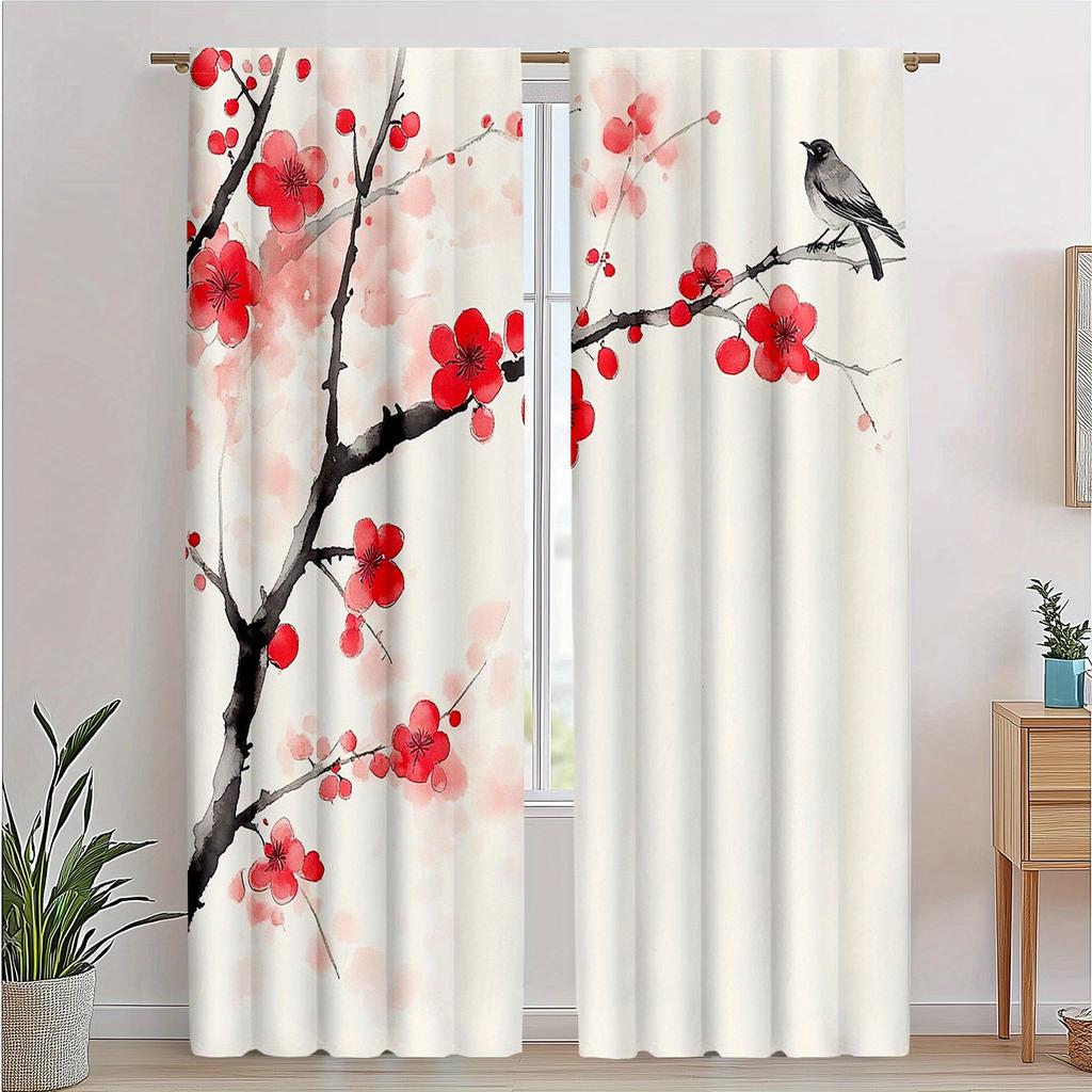 2 Pieces Elegant Plum Blossom Print Curtains, Polyester Fabric, Machine Washable, Suitable For Bedroom Living Room Decoration