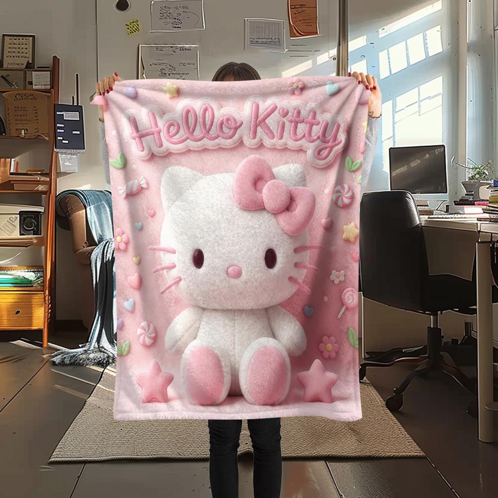 1 шт. Розовое фланелевое одеяло Hello Kitty с принтом, Высококачественное, Для всех сезонов, Декор для дома, Тепло и комфорт, Идеально для рождественских подарков