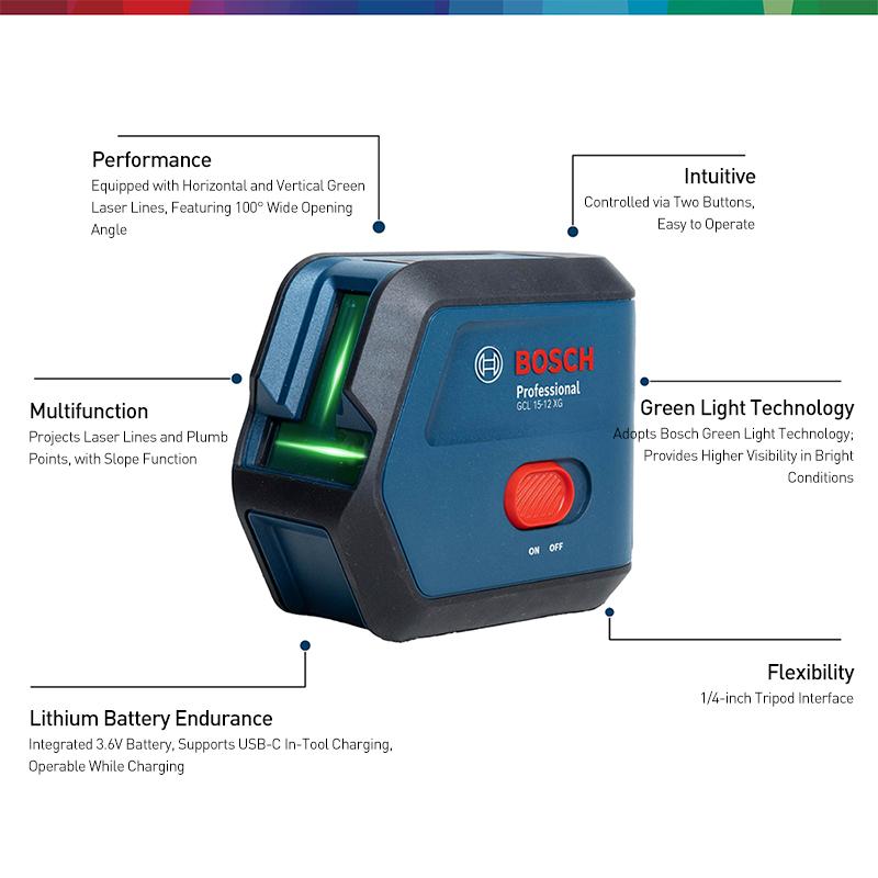Bosch Лазерный уровень GCL 15-12 XG Комбинированный точечный и линейный лазерный уровень с зеленым лучом