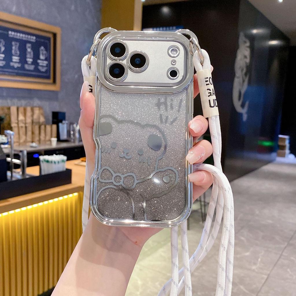 Для телефона IPhone17promax Чехол Мультяшный Мишка Тедди для Apple 16 Гальванизированный Блестящий 15 со Шнурком Защитный Чехол