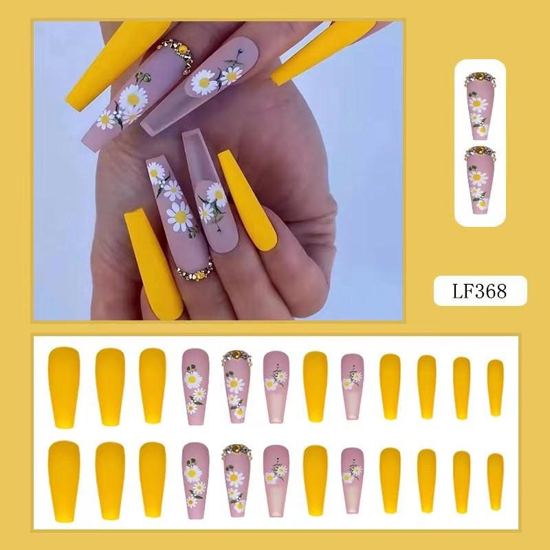 24PCS/SET Quick Nails Flower Diamond Manicure Long Ballet False Nails Waterproof Wearable Ready-made Nail Stickers
