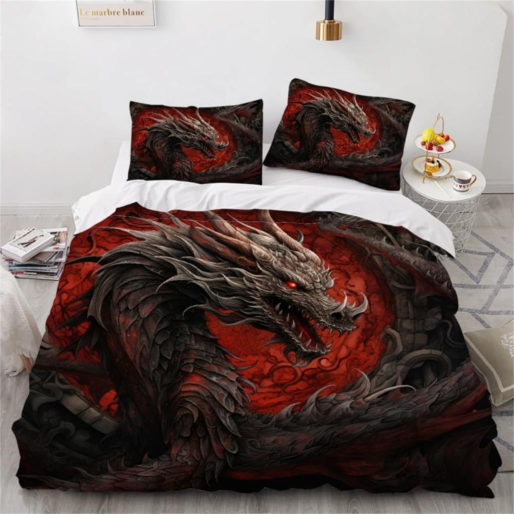 Flame Dragon Duvet Cover Set, Kids Boys Games Flame Wild Animal Comforter Cover and Pillow Cases for Adults Kids Bedroom Decor