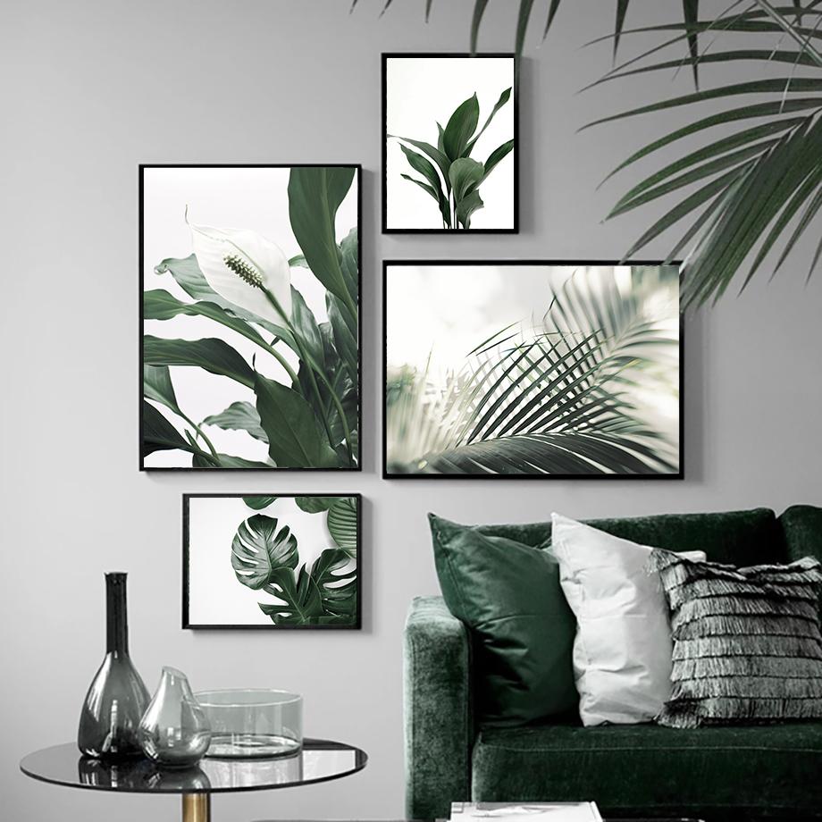 Тропические растения, пальмовые листья, белый цветок, настенная живопись на холсте, плакаты на скандинавскую тему и принты, настенные панно для декора гостиной