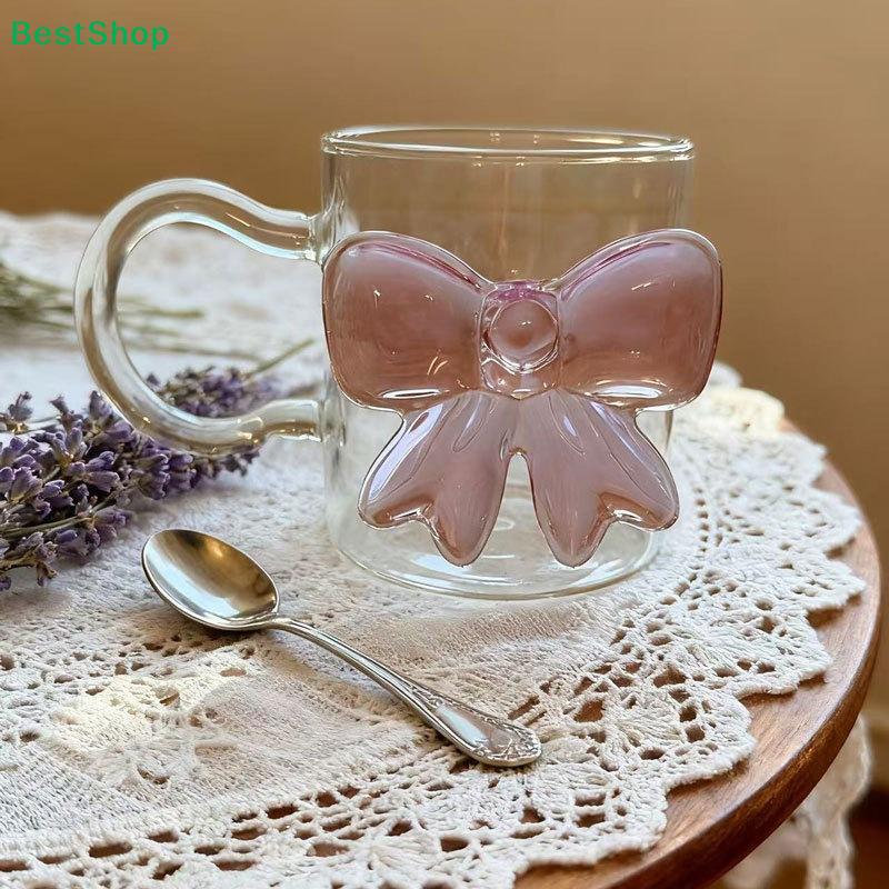Pink Large Bow Glass Decor Glass Cup Bow Handle Glasses Heat-resistant High Borosilicate Dessert Ice Cream Bowl Party Favours