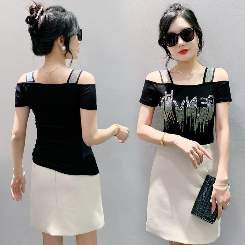 Лето 2024 Блузка с открытыми плечами и открытой спиной из двойного слоя ледяного шелка со стразами