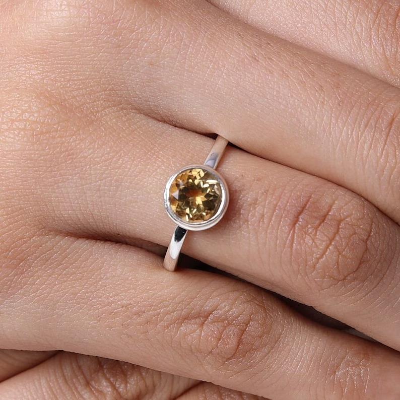 Серебро 925 пробы, круглое кольцо с драгоценным камнем с цитрином, кольцо ручной работы, штабелируемое кольцо, подарок для нее, ювелирные изделия с камнем