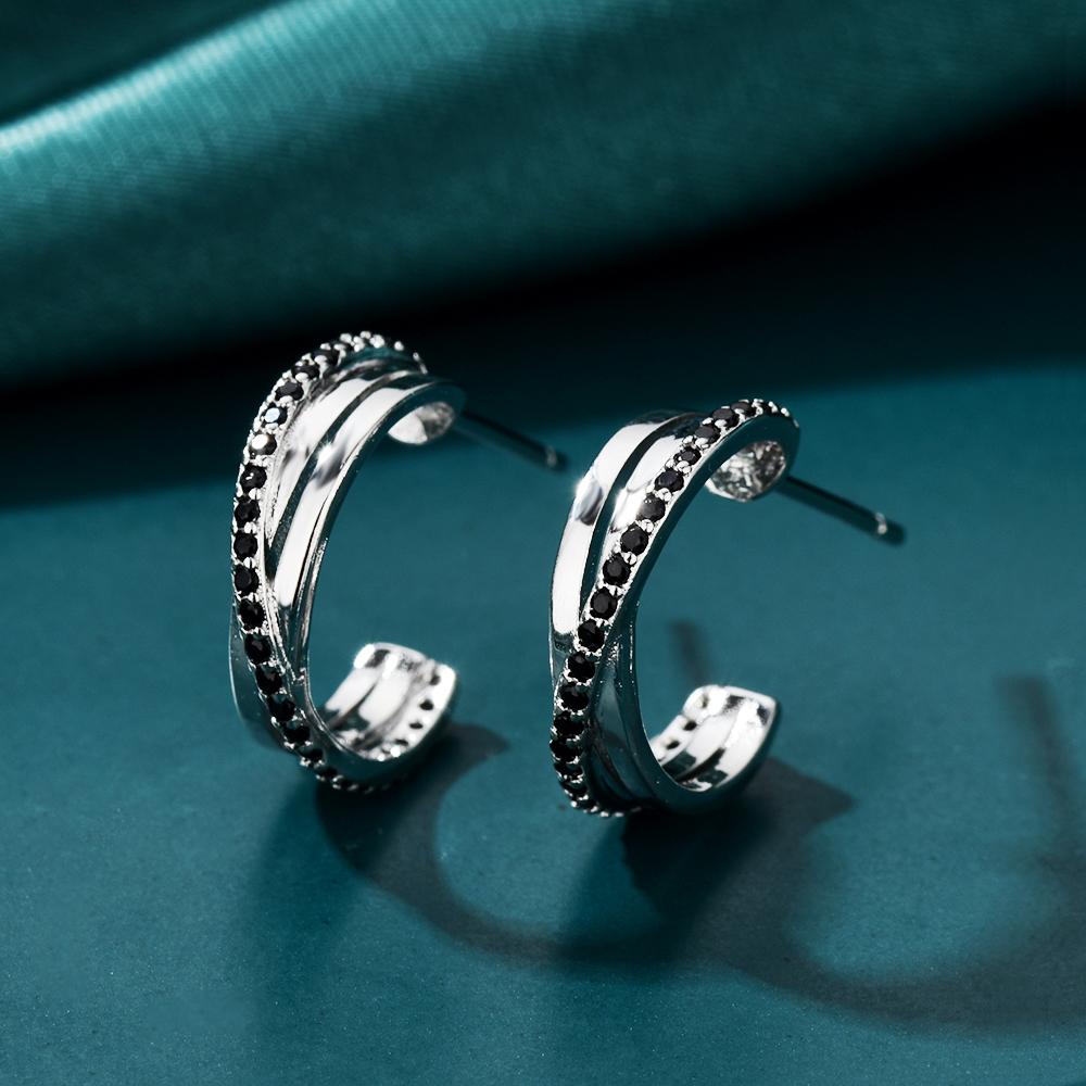 Серьги-кольца в форме буквы С с черным цирконием, многослойный металлический дизайн, гипоаллергенные украшения для женщин