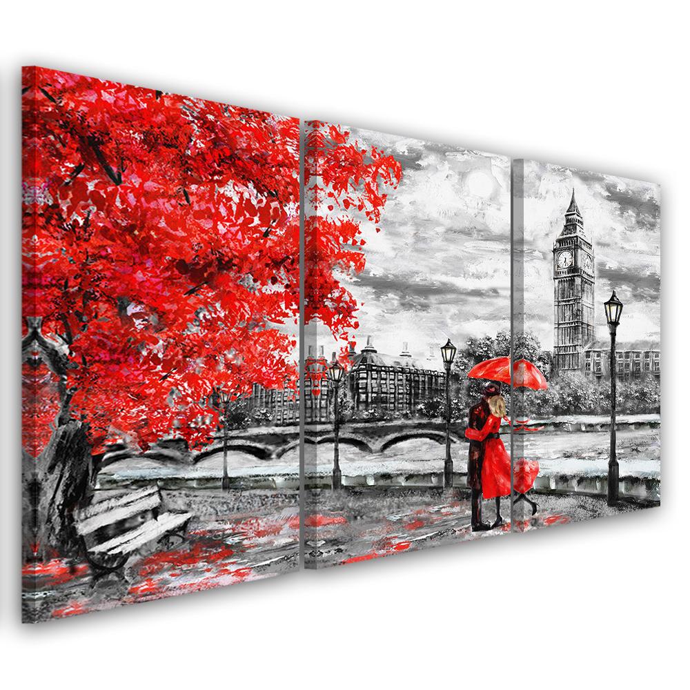 Three Piece Picture Canvas Print London Red Umbrella