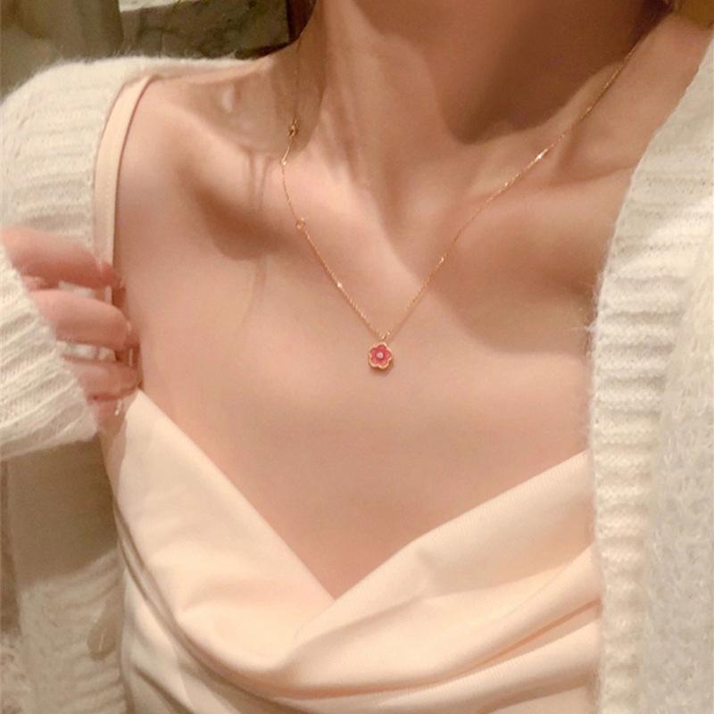 Peach Blossom Necklace Pink Flower Pendant Sweet Cute Collar Chain Shiny Zircon Clavicle Chain For Women  Jewelry Gift