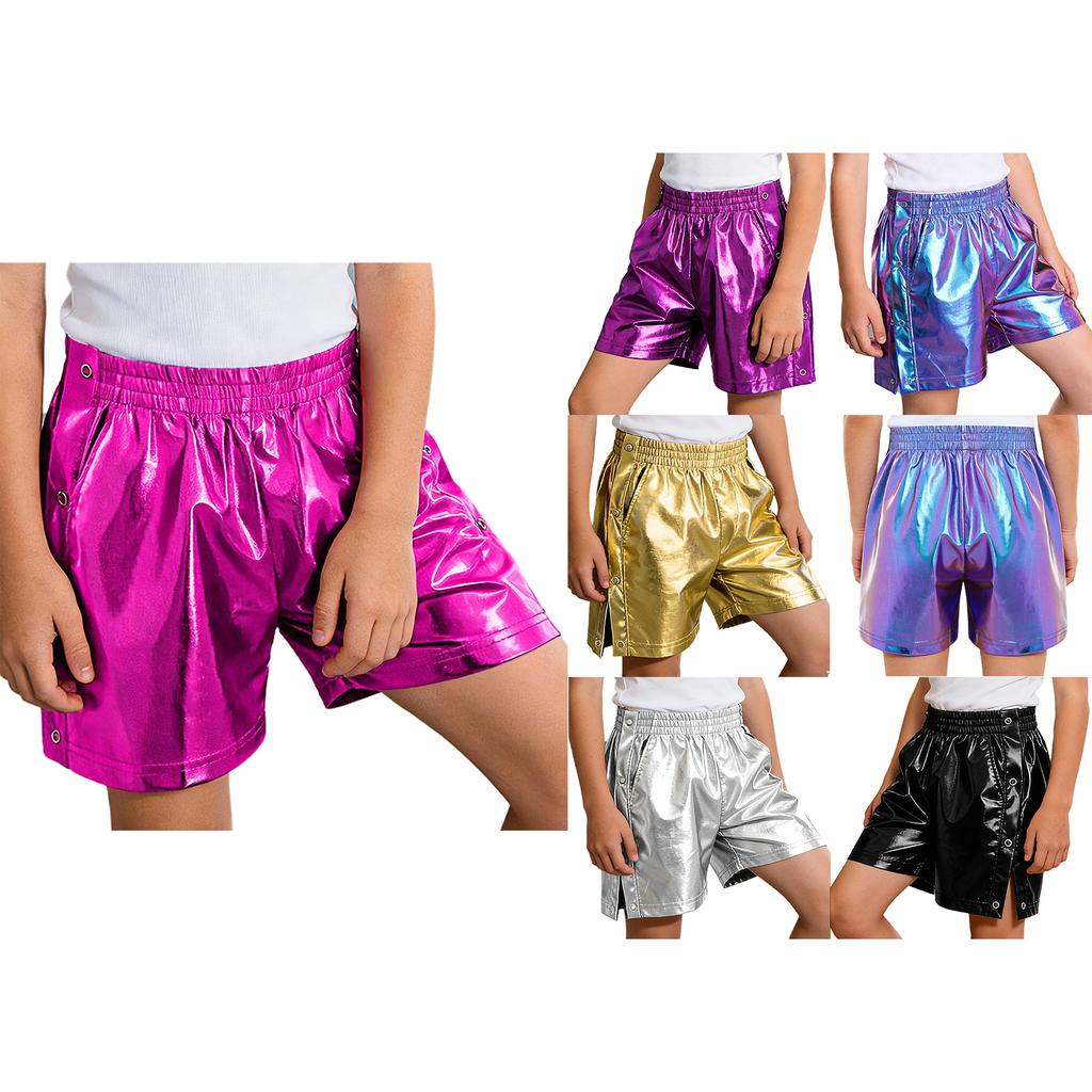 Children‘s Hip Hop Dance Shorts Metallic Finish Elastic Waistband Tear Away Side Buttons with Pockets for Stage Recital