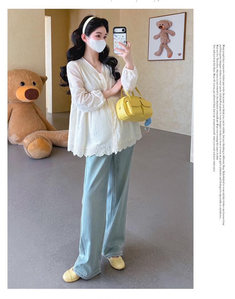 2026 Spring Maternity V-Neck Embroidered Doll Shirt – French Korean Style Loose Top