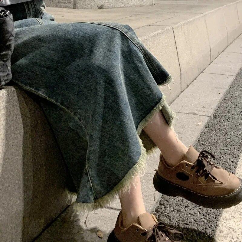 Женская синяя джинсовая юбка в стиле ретро с высокой талией, тонкая юбка трапециевидной формы, длинные джинсы, женская новая корейская версия