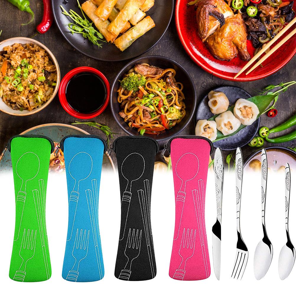 Набор столовых приборов из 4 предметов, столовые приборы из нержавеющей стали для ножа, вилки, ложки, резная поверхность, портативный, легкий