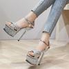 Sexy Sandals Women Platform Shiny Crystal Bottom Cross Strap 14CM Ankle Buckle High Heels Party Nightclub Dress Shoes