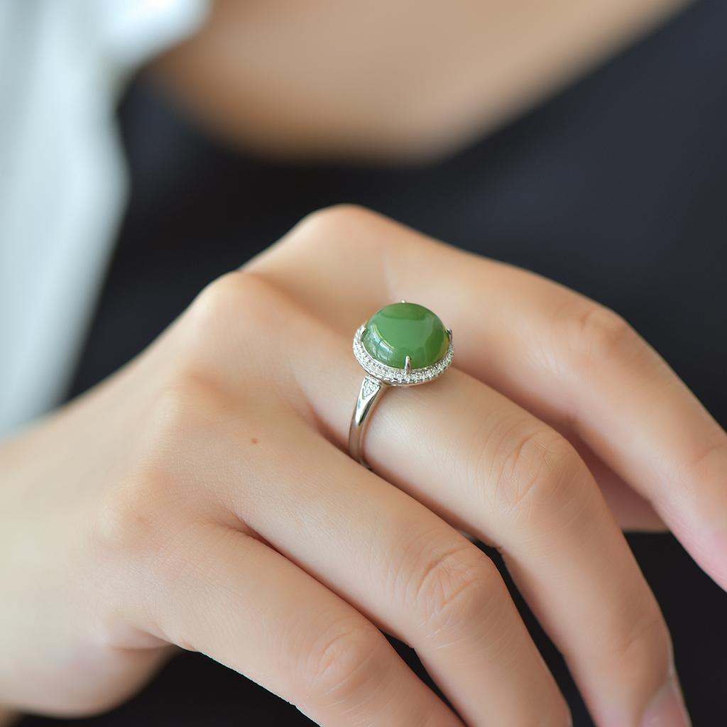 Natural Hotan Jade S925 silver inlaid jasper egg surface open mouth ring for women with certificate of national inspection
