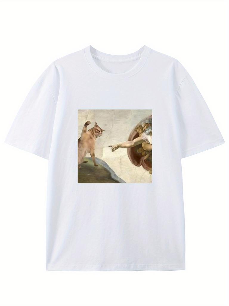 Юмористическая футболка с графическим принтом «Пародия на Сотворение Адама» с котом, повседневная футболка с круглым вырезом, приталенная, с коротким рукавом, для взрослых, летний повседневный модный топ