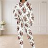 Women Plus Size White Floral Printed Two Piece Set Round Neck Long Sleeve Top And Long Pants