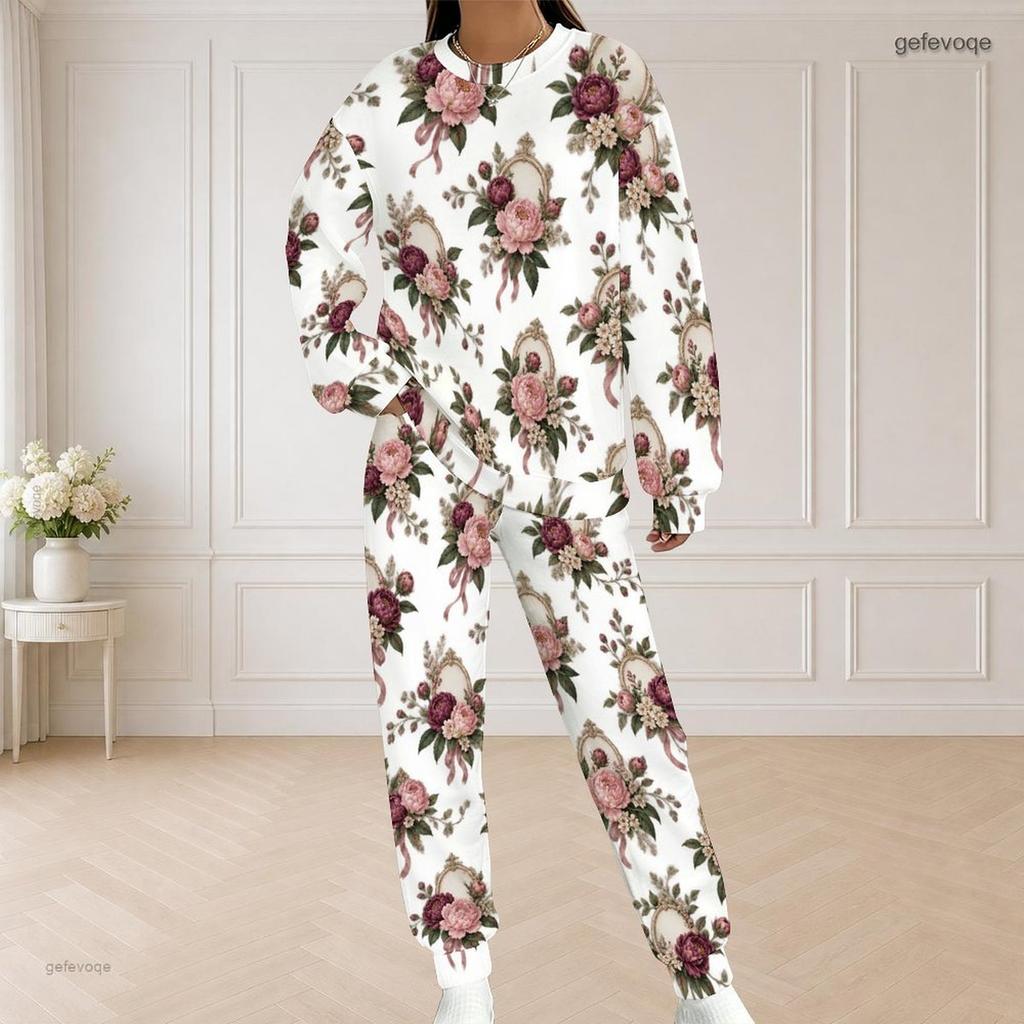 Women Plus Size White Floral Printed Two Piece Set Round Neck Long Sleeve Top And Long Pants