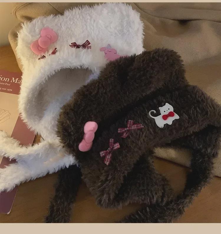 Теплая плюшевая шапка с ушками медведя и кошачьим бантом для женщин – защита ушей на осень/зиму с открытым лицом