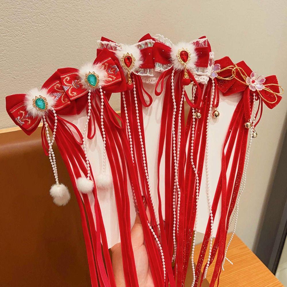 Красная детская новогодняя заколка для волос в старинном стиле для девочек в стиле ханьфу, новогодние заколки-банты для детей