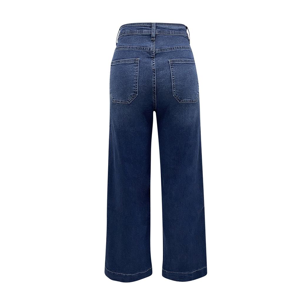 Women's Fashionable Solid Color Lace Pocket Straight Wide Leg Jeans