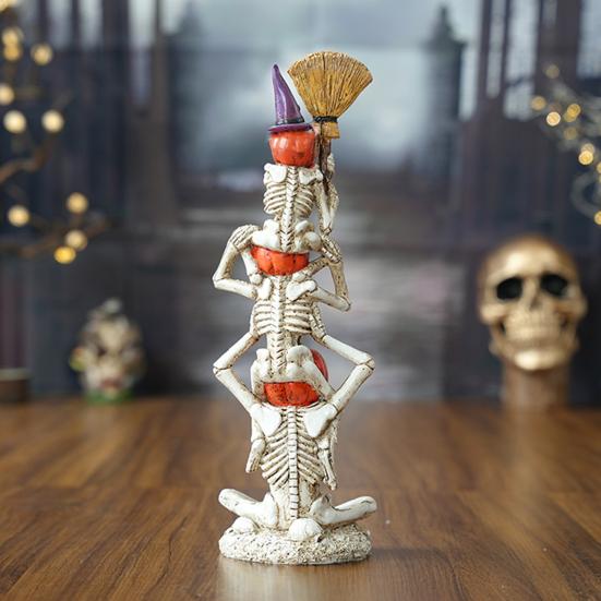 Halloween Stacked Skeleton Pumpkin Decor Resin Skeleton Statue with Pumpkin Head Witch Hat Broom for Home Office Holiday Table Decor