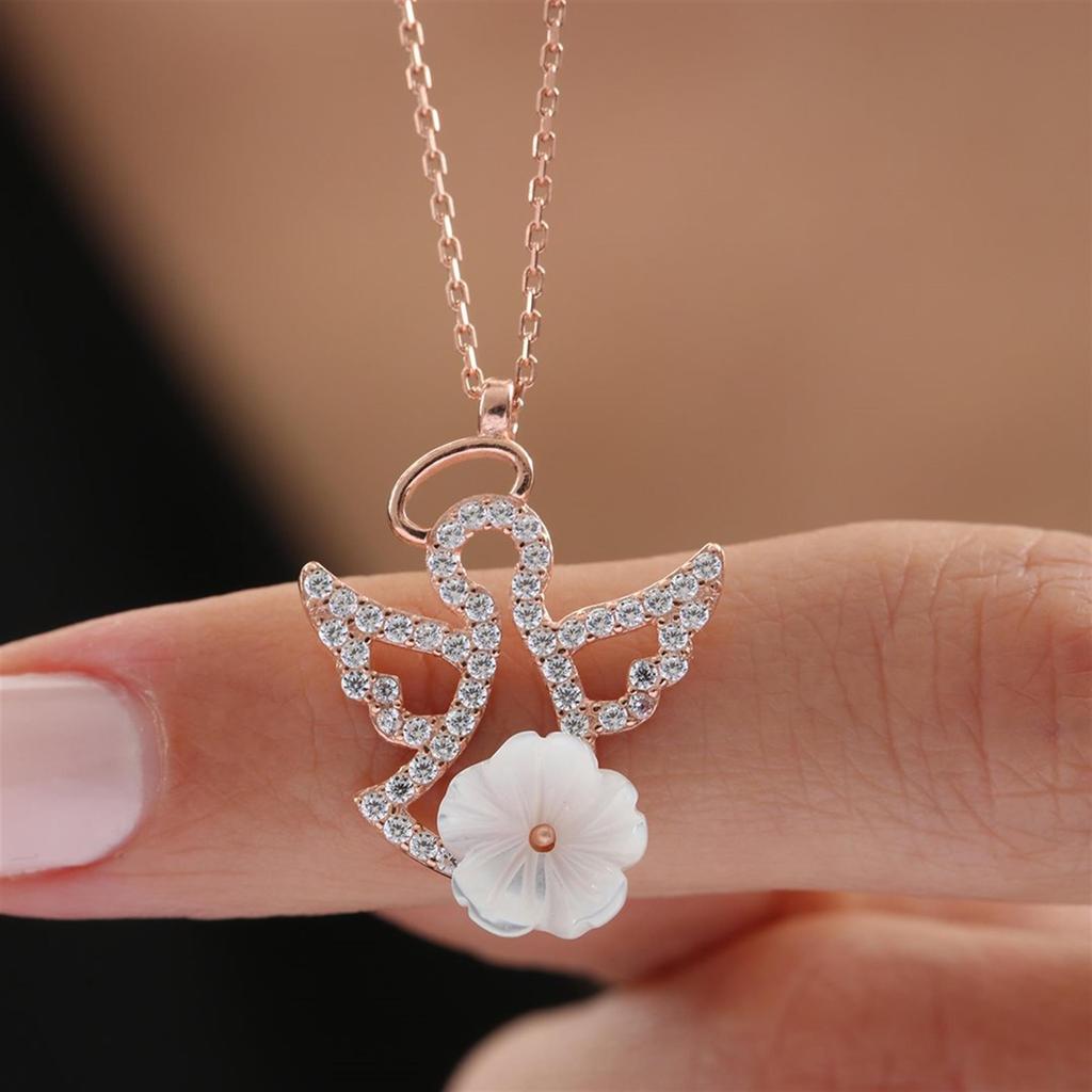 Angel Figured Magnolia Flower Rose Color Flowers Silver Necklace