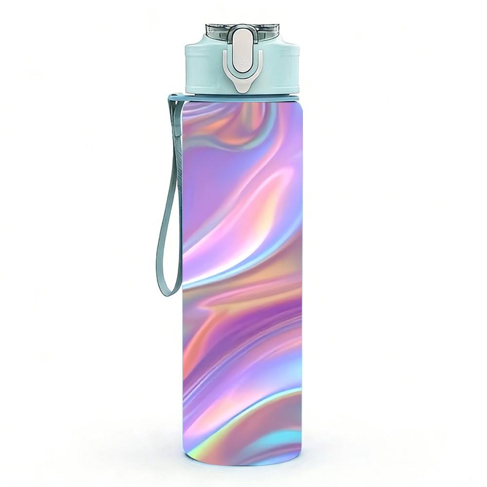 1PC Holographic Iridescent Swirl Print 750ml Color Plastic Sports Water Bottle Leakproof Flip Straw Lid Suitable for Sports Office Home Use