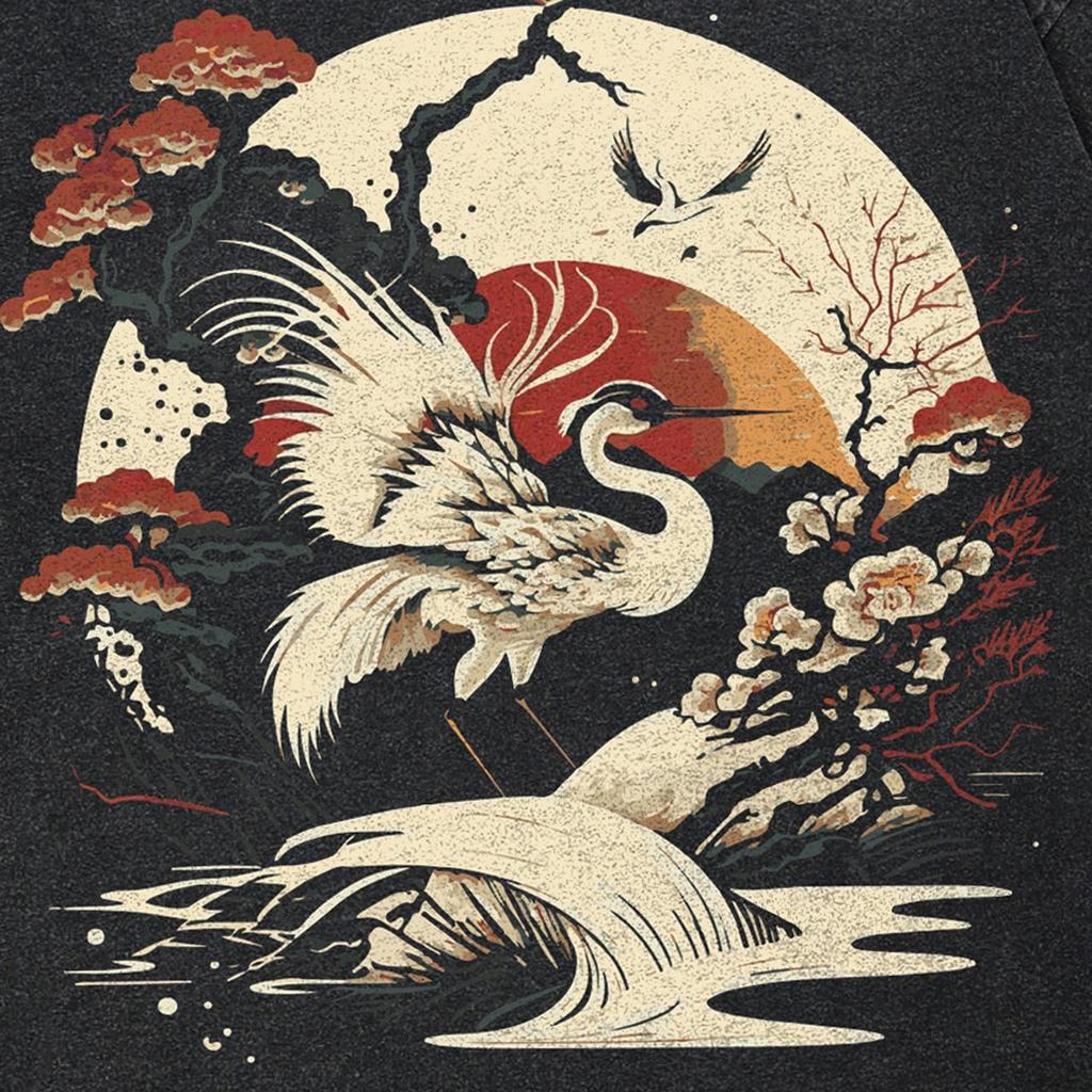 Уличная футболка унисекс с японским журавлем 2024 года