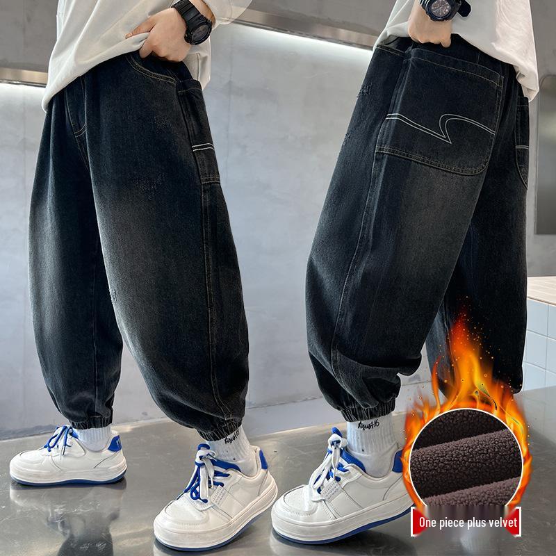 Детские зимние джинсы с толстой флисовой подкладкой - Теплые хлопковые брюки для детей среднего и старшего возраста (Коллекция 2025 г.)