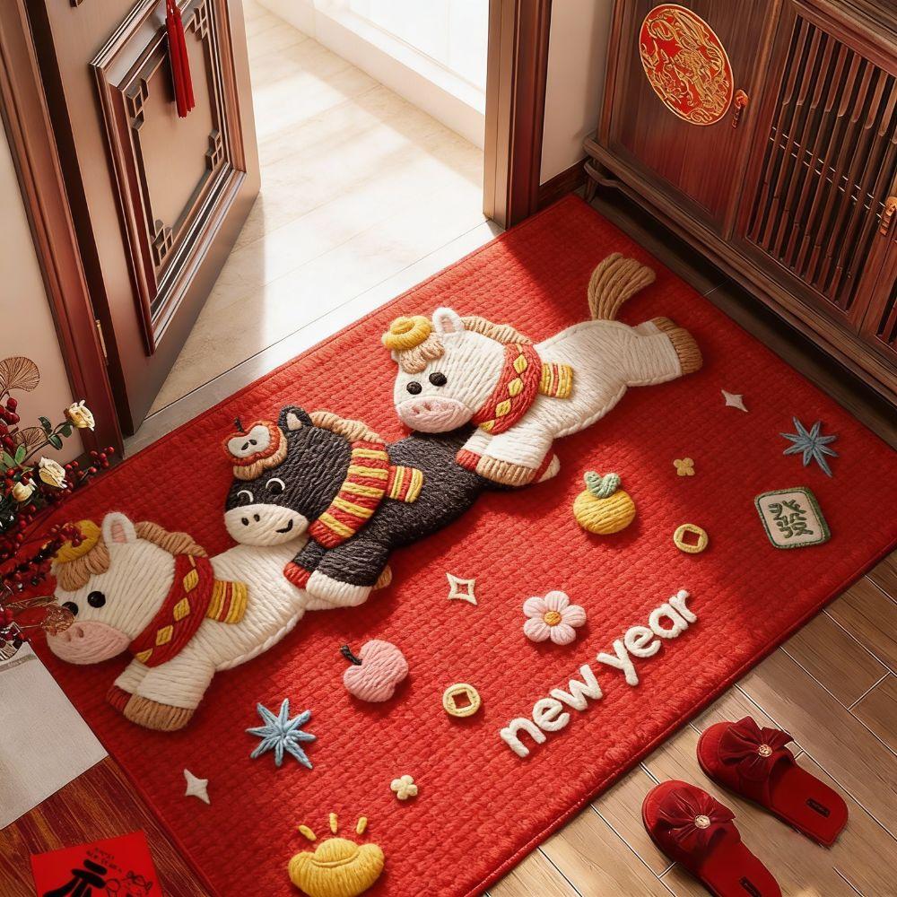 Cute Horse Pattern New Year Door Mat Red Non-slip Door Carpet Water Absorption Soft Blanket Home Decorations