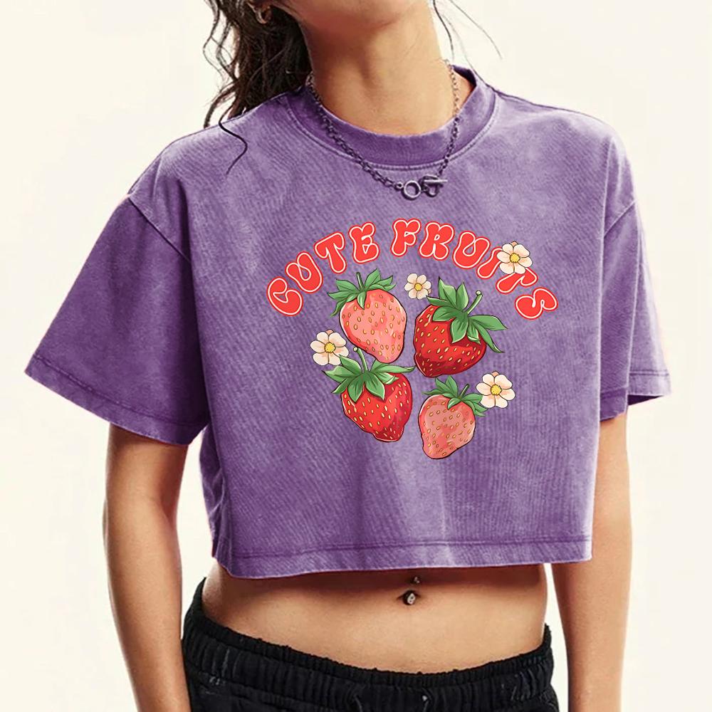 Fresh Strawberry Fruits Printing Women Washed Tops Summer T-Shirt O-Neck Slim Tee Shirts Soft Fitness Streetwear