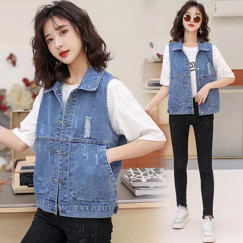 Весна и лето новый женский джинсовый жилет с большим карманом свободный корейский жилет куртка