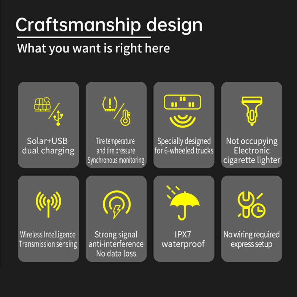 6-Wheel Solar TPMS Car Tire Pressure Alarm with 6 External Sensors Waterproof Digital Tyre Pressure Temperature Warning for Truck RV Van Tractor