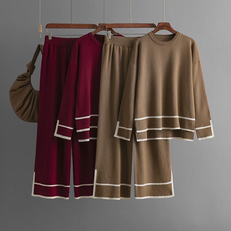 Winter Multicolor Oversize Sets Loose Split Sweater+Solid Wide Legs Long Pants Autumn Fashion Casual Women 2pc Suits