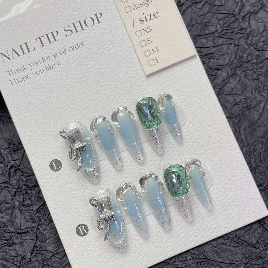 HANDMADE Long Water Drops Shape Artificial Nail Gentle Luxurious Hollow French High-end Light Blue Fine Sparkling Gemstones Phototherapy Nail